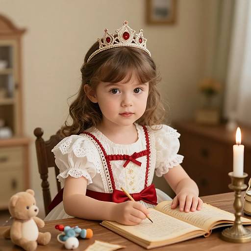 Photograph of a young girl with brown curls, wearing a white lace dress, red bow, and a silver tiara, writing in an open book