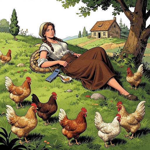 Illustration of a young woman in a white blouse and brown skirt, reclining under a tree, surrounded by chickens, with a rustic house in the