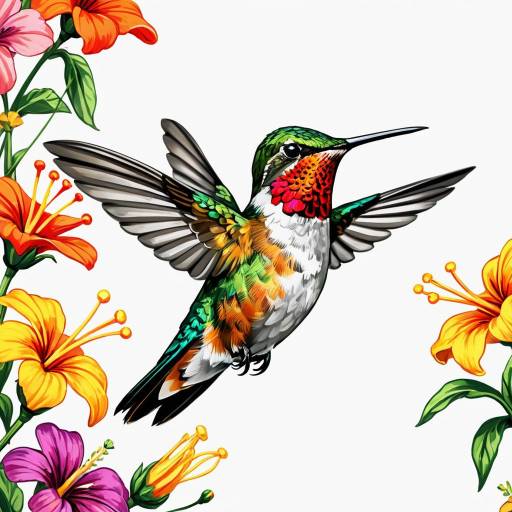 Colorful Hummingbird with Flowers Digital Painting