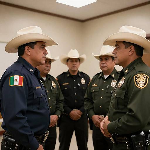 Cowboy-Hatted Officers Conversing in Warm Room