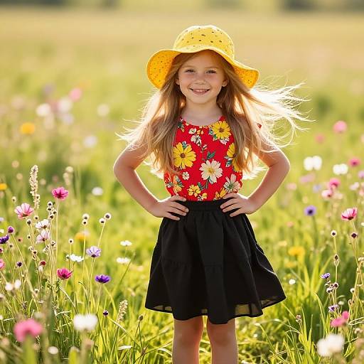 Photograph of a smiling young girl with long blonde hair, wearing a yellow sunhat, red floral top, and black skirt, standing in a sun