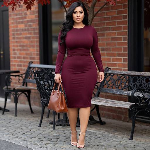 Photograph of a curvy, dark-haired woman in a form-fitting, long-sleeve burgundy dress, holding a brown handbag,