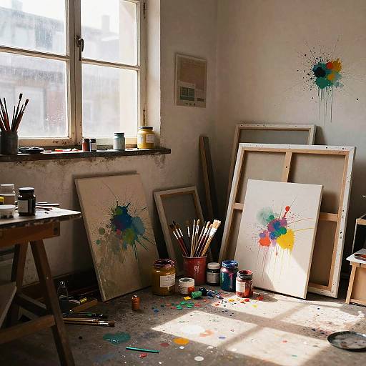 Photograph of a sunlit, cluttered artist's studio with splattered paint on canvases, paintbrushes in jars, and frames leaning against