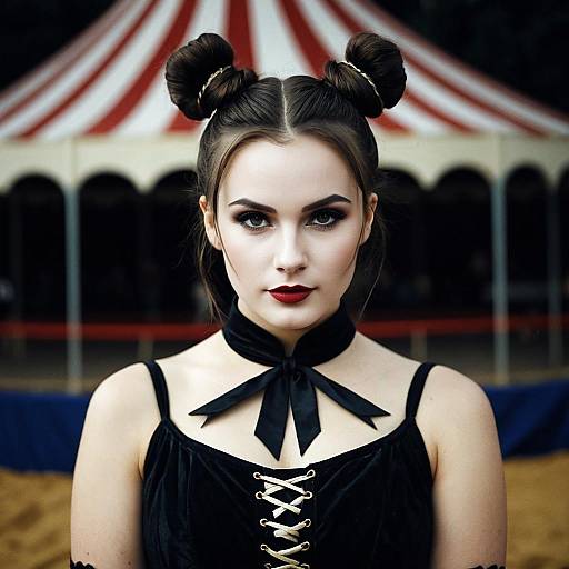 Young Woman in Gothic Circus Costume with Double Buns