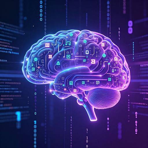 Digital CGI of a glowing, neon blue and purple human brain with futuristic circuit symbols and binary code on a dark, tech-themed background.