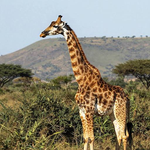 Photograph of a tall giraffe with brown spots, standing in a grassy savanna with green shrubs and a hilly background.