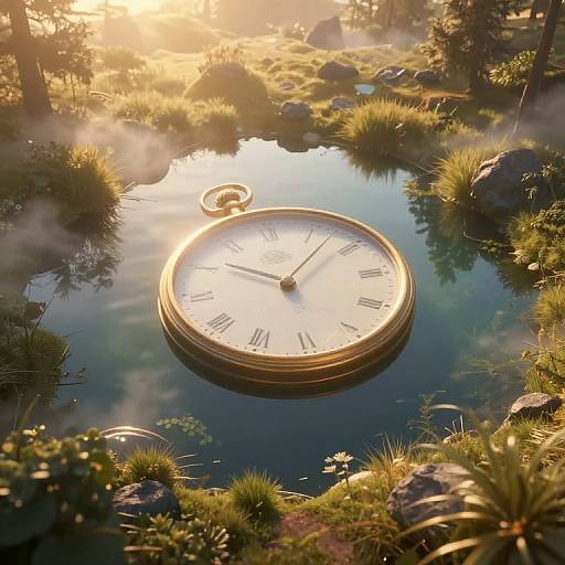 Photorealistic CGI of a large, golden clock face floating in a serene, sunlit pond surrounded by grass, rocks, and mist.