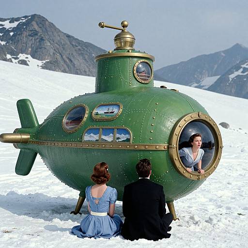 Photograph of a green, round spaceship with brass accents, parked in snowy mountains. A woman in blue dress and a man in black suit sit in