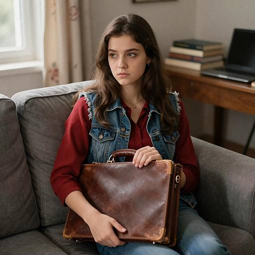 Young Woman Holding Leather Briefcase Indoors