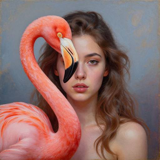 Digital artwork of a young woman with wavy brown hair, fair skin, and pink lips, with a vibrant pink flamingo's neck and beak