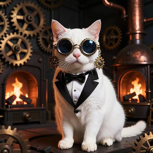 Steampunk white cat with black bow tie, oversized round goggles, and gold gear earrings, sitting in front of a fireplace with large gears in the