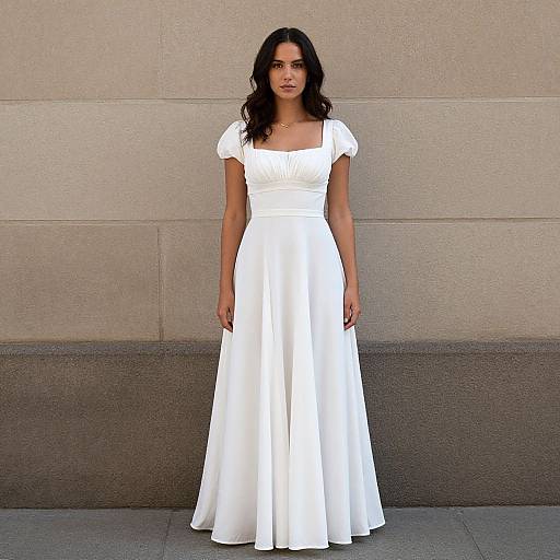 Photograph of a young woman with long dark hair, wearing a white, short-sleeved, A-line wedding dress, standing against a beige textured
