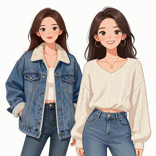 Digital anime-style illustration of two smiling Asian women with long black hair, wearing denim jackets and high-waisted jeans, one with a white sweater.