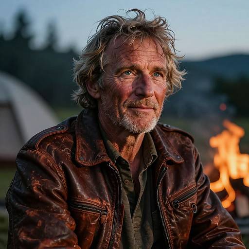 Portrait of Weathered Adventurer by Campfire