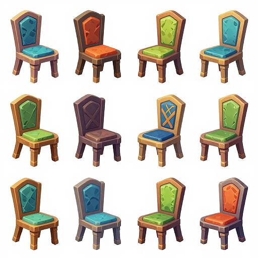 Digital illustration of 12 wooden chairs with colorful, tufted backs in blue, orange, green, and red, arranged in a 4x