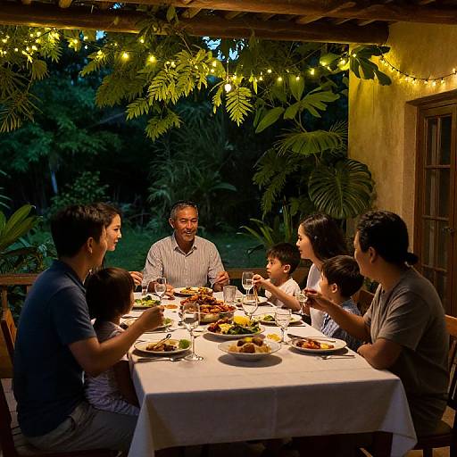 Photograph of a warmly lit, outdoor evening dinner gathering with seven people, including children, around a table adorned with string lights and lush greenery in