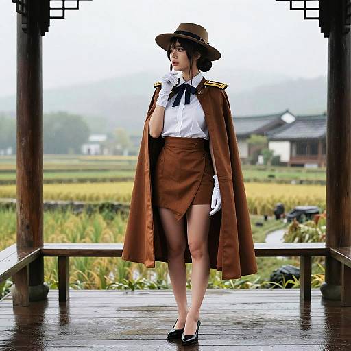 Admiral Kancolle Amid Rainy Rice Fields