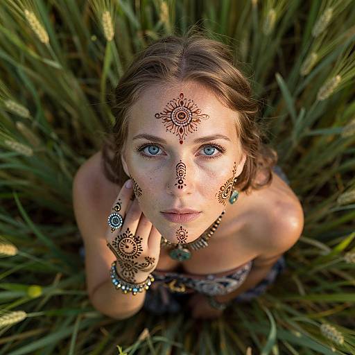 Photograph of a woman with blue eyes, brown hair, and intricate henna designs on her face and hands, kneeling in tall grass. She wears