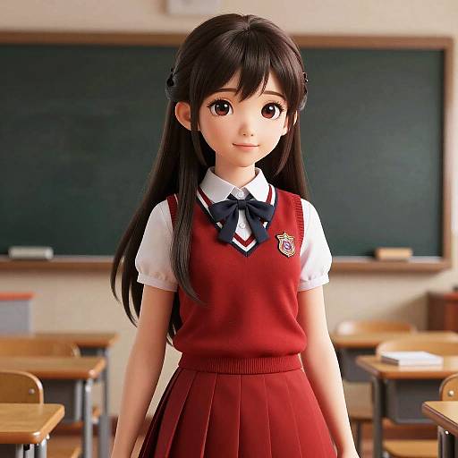 3D Rendered School Girl in Red Uniform