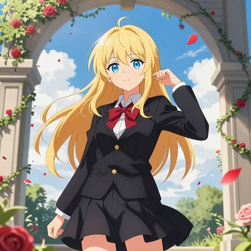 Anime-style drawing of a blonde girl with blue eyes, wearing a black school uniform with a red bow tie, standing in a flower-adorned arch