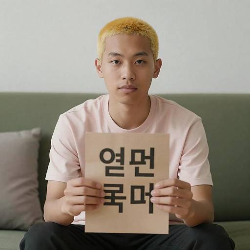 Young Asian man holding Korean sign