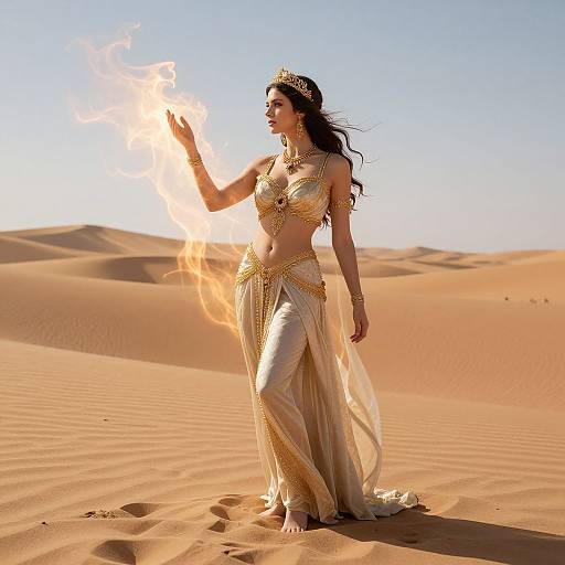 Photograph of a dark-haired woman in gold and white desert attire, standing in a sunlit desert, conjuring a flame with her hand.