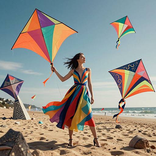 Photograph of a woman in a vibrant, rainbow-striped dress flying colorful kites on a sunny, sandy beach with clear blue skies and ocean waves.
