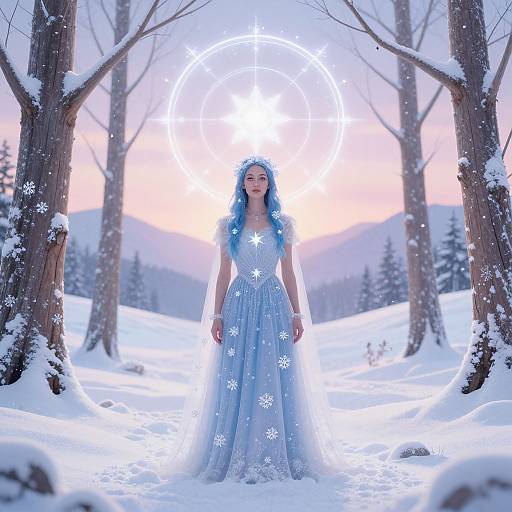 Photograph of a blue-haired woman in a glowing, snowflake-adorned blue gown, standing in a snowy forest with a luminous halo at
