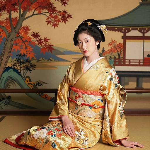 Woman in Elegant Golden Kimono with Autumn Background
