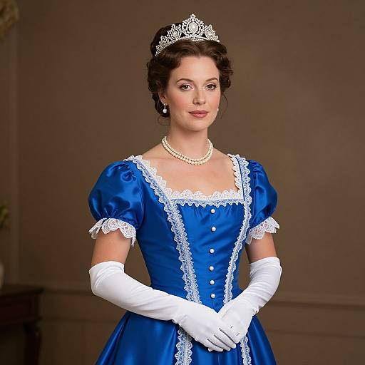 Photograph of a fair-skinned woman with brown hair, wearing a royal blue Victorian-style dress, white lace trim, silver tiara, pearl necklace