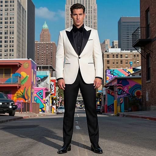 Photograph of a handsome man in a white tuxedo with black lapels, black shirt, and black pants, standing confidently on a vibrant,