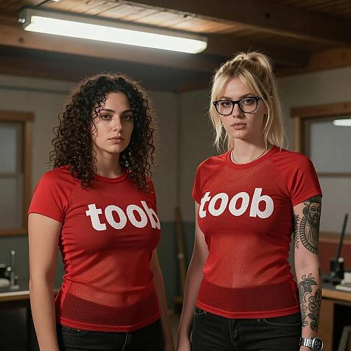 Women in Red Mesh Tops in Wooden Room