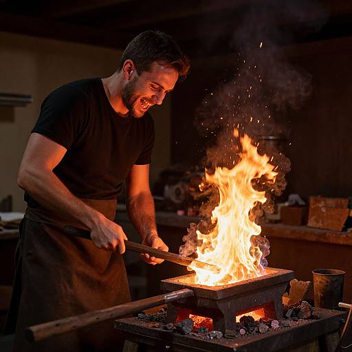 Photograph of a bearded man in a black shirt and apron, smiling as he forges metal in a bright, fiery forge. Dark,