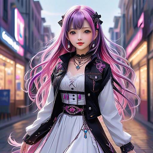 Digital anime-style illustration of a purple-haired girl with long, wavy hair wearing a white dress, black jacket, and multiple necklaces in a neon