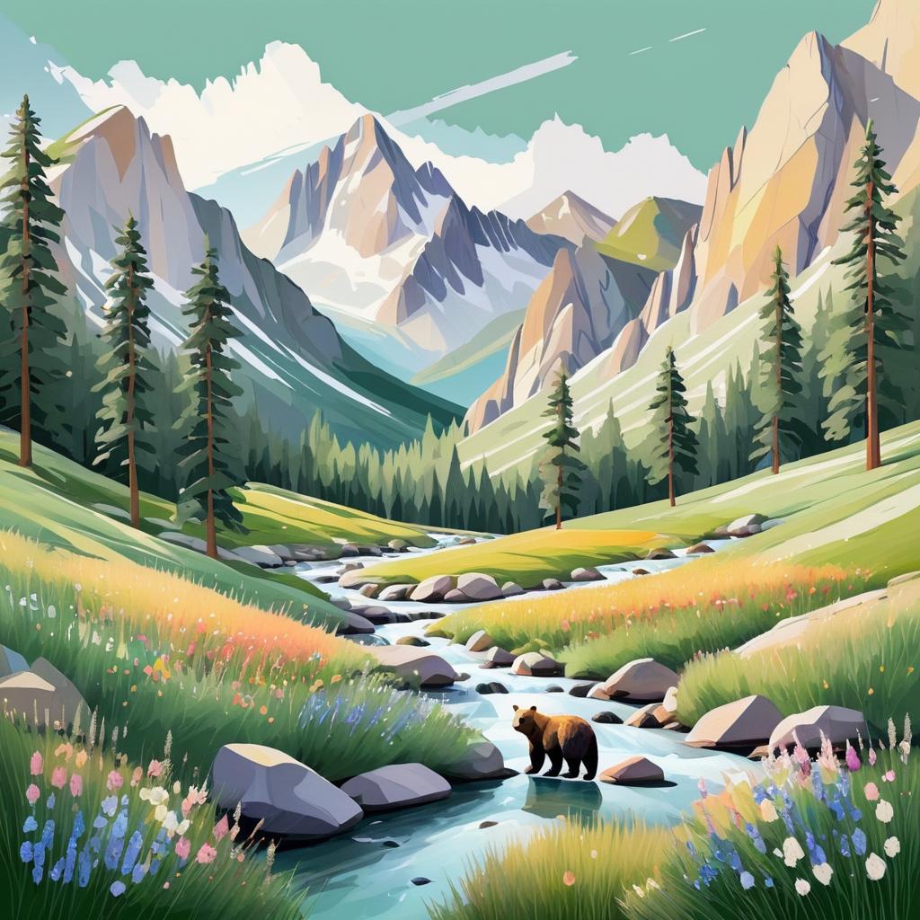 Tranquil Mountain Valley Wildlife Illustration