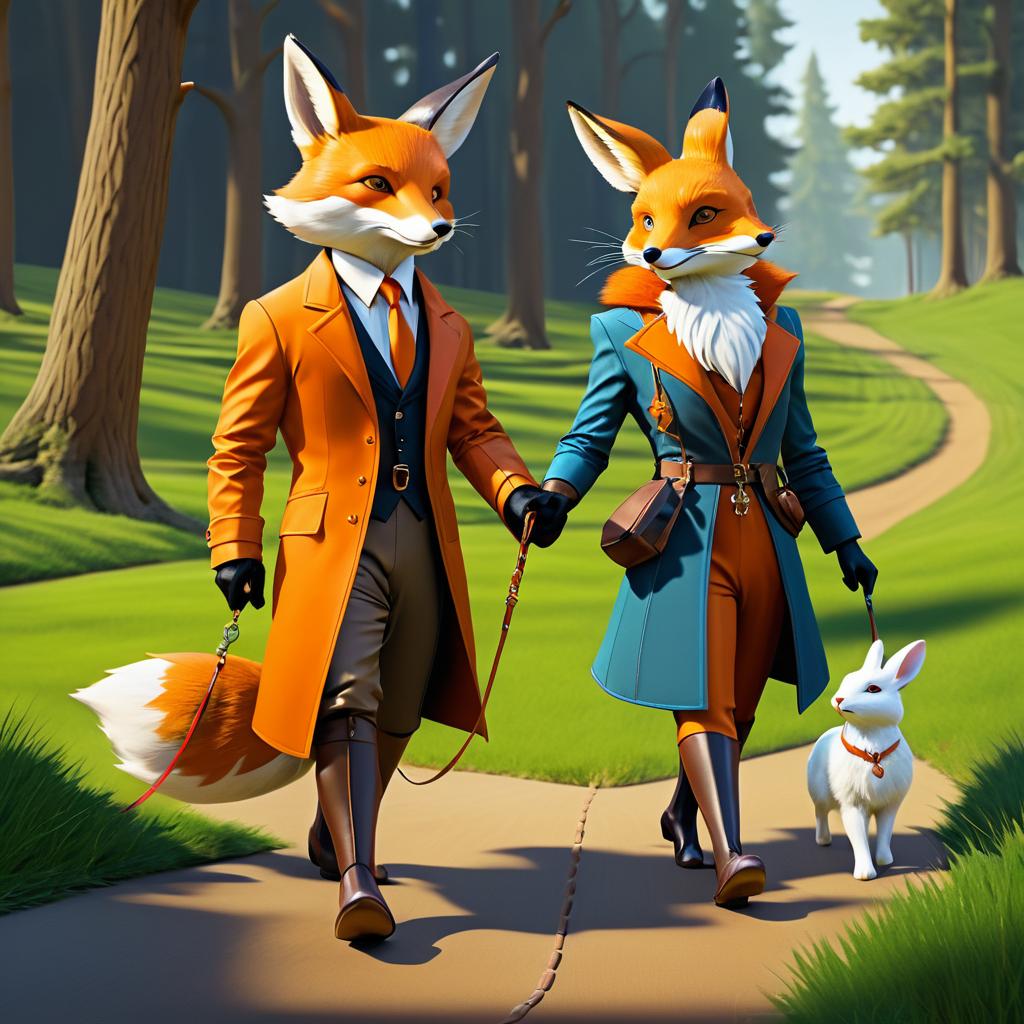 Anthropomorphic Fox Walking a Rabbit