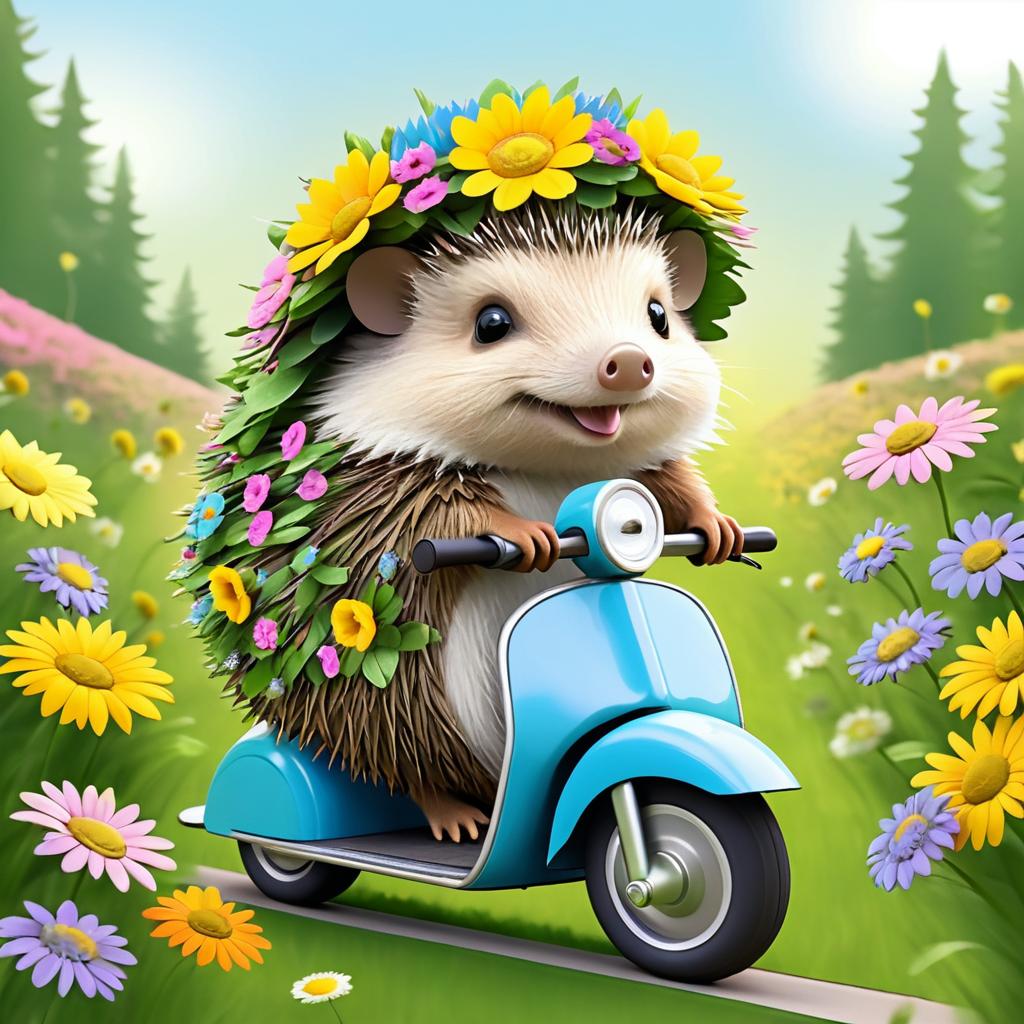 Hedgehog on Scooter with Flower Crown