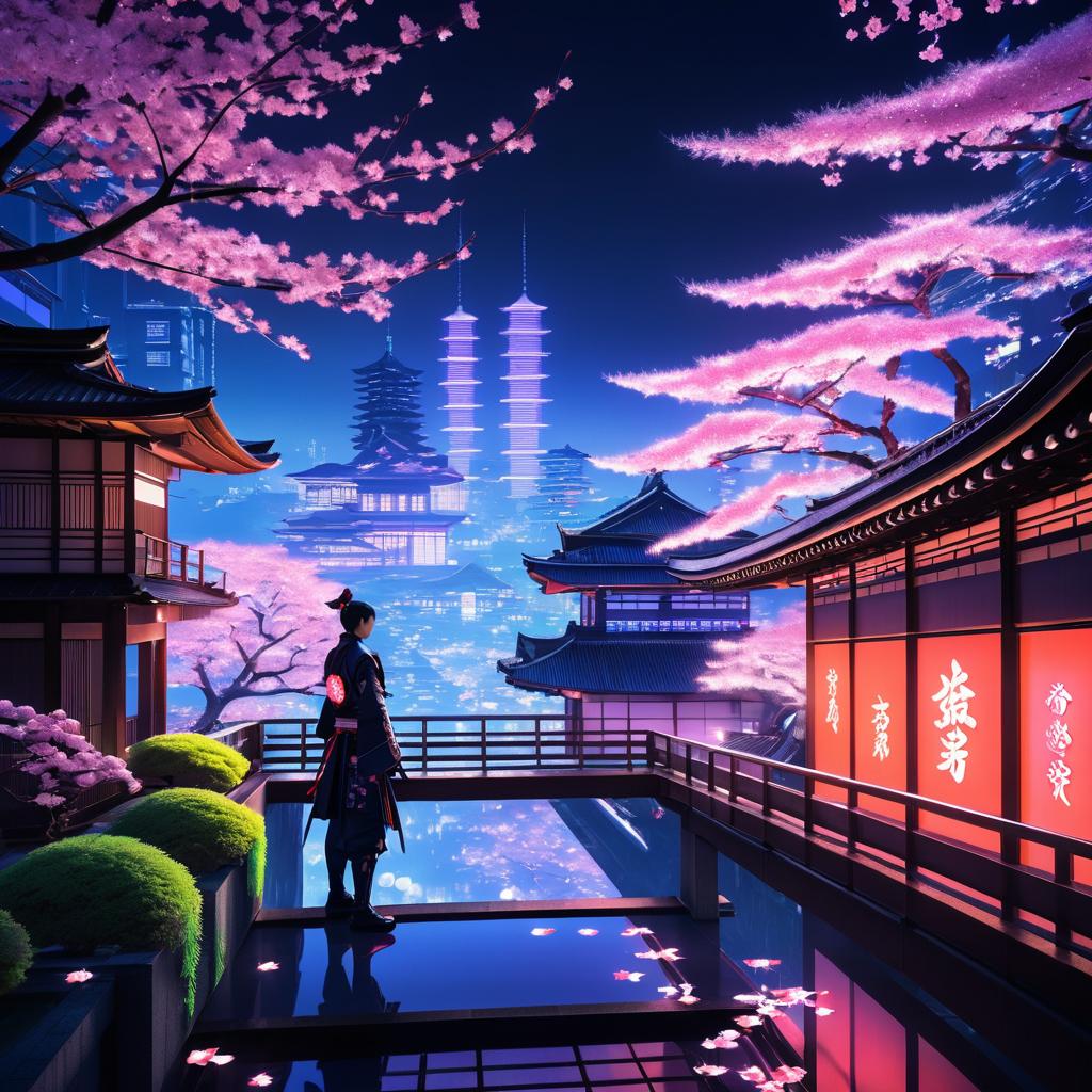 Cybernetic Samurai in Futuristic Kyoto