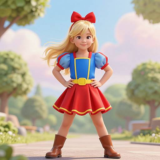 Digital CGI of a blonde girl with a red bow, blue puffy shirt, red skirt, yellow belt, and brown boots, standing confidently in a