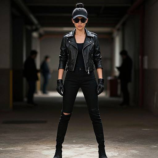 Confident Woman in Black Leather Outfit in Industrial Hallway