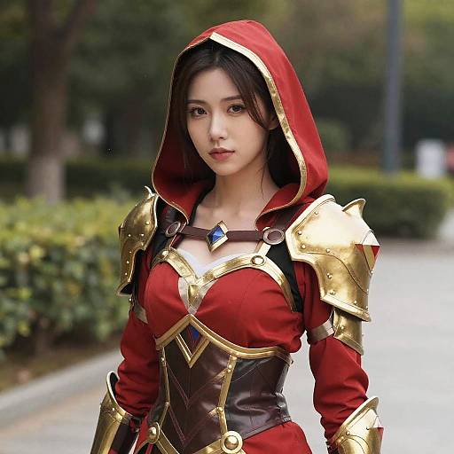 Photorealistic image of an East Asian woman in a red hooded fantasy armor with gold shoulder plates, black corset, and blue gemstone necklace