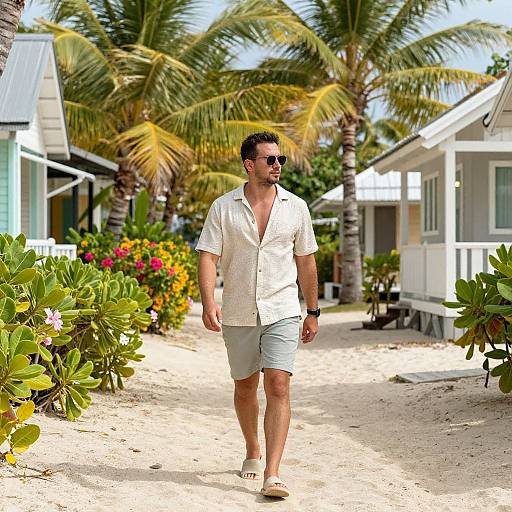 Photograph of a casual, sunlit beach scene featuring a bearded man in a white short-sleeve shirt and light blue shorts, walking along