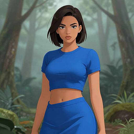 Digital illustration of a young woman with short black hair, wearing a blue crop top and matching skirt, standing in a misty forest. She has a