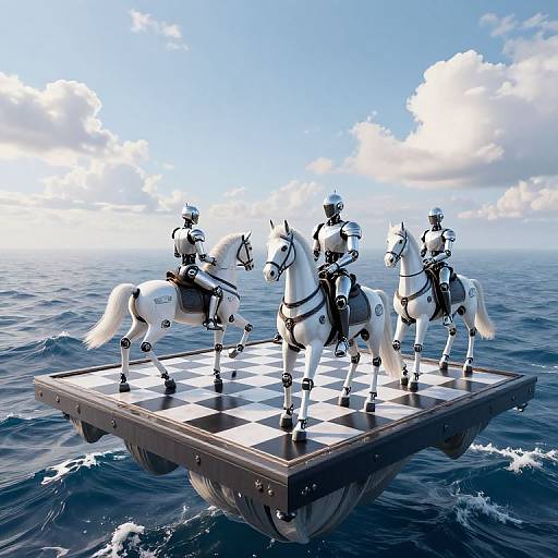 Digital art of four robotic knights on white horses playing chess on a floating island in a vast, blue ocean under a bright sky.