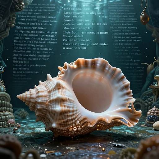 Photograph of a large, detailed, orange-and-white conch shell with ridged texture, illuminated underwater, surrounded by coral and text in background.