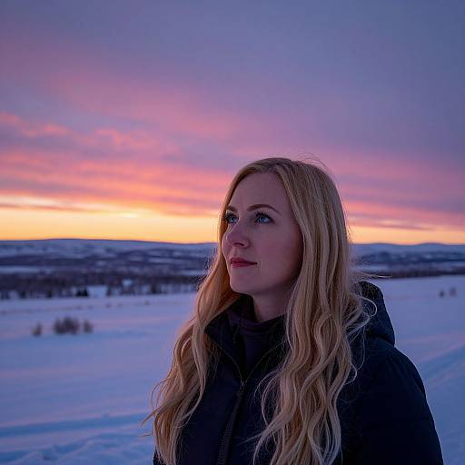 Photograph of a blonde woman with wavy hair, wearing a black coat, standing in a snowy landscape at sunset. Purple and orange sky in background