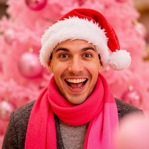 Joyful Man in Pink Christmas Decor