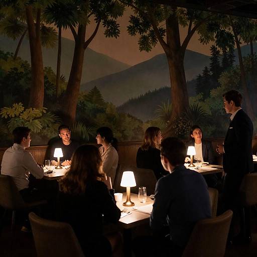 Cozy Restaurant Scene with Forest Mural