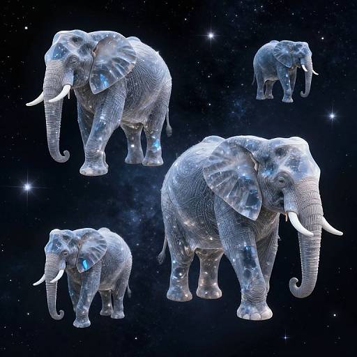 Digital artwork of four glowing, translucent elephants with star-like patterns, set against a dark, star-filled cosmic background.
