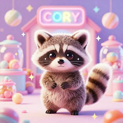Cute CGI raccoon with fluffy fur and big, sparkling eyes stands in a brightly lit, neon-lit candy shop background.